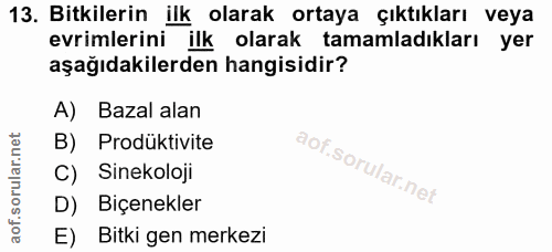 13. soru: Bitkilerin ilk olarak ortaya çıktıkları veya evrimlerini ilk olarak tamamladıkları yer aşağıdakilerden hangisidir? A)…