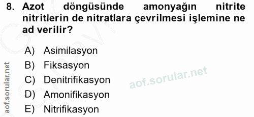 8. soru: Azot döngüsünde amonyağın nitrite nitritlerin de nitratlara çevrilmesi işlemine ne ad verilir? A) Asimilasyon B) Fiks…