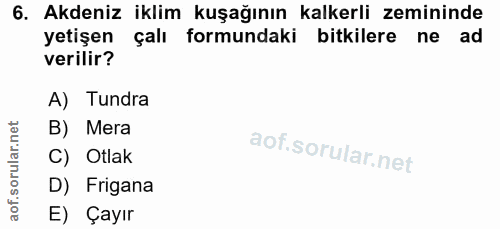 6. soru: Akdeniz iklim kuşağının kalkerli zemininde yetişen çalı formundaki bitkilere ne ad verilir? A) Tundra B) Mera C) Otla…
