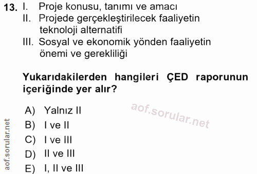 13. soru: I Proje konusu, tanımı ve amacı II. Projede gerçekleştirilecek faaliyetin teknoloji alternatifi II. Sosyal ve ekonomi…
