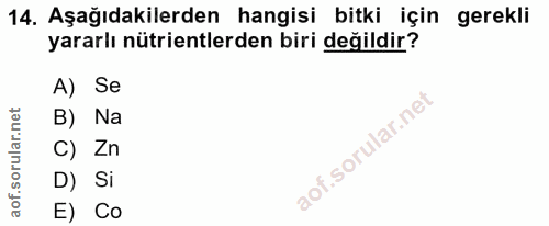 14. soru: Aşağıdakilerden hangisi bitki için gerekli yararlı nütrientlerden biri değildir? A) Se B) Na C) Zn D) Si E) Co