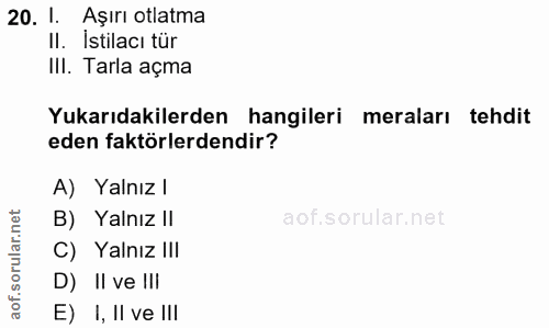 20. soru: 1. Aşırı otlatma II. Istilacı tür III. Tarla açma Yukarıdakilerden hangileri meraları tehdit eden faktörlerdendir? A)…