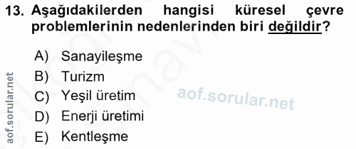 13. soru: Aşağıdakilerden hangisi küresel çevre problemlerinin nedenlerinden biri değildir? A) Sanayileşme B) Turizm C) Yeşil ü…
