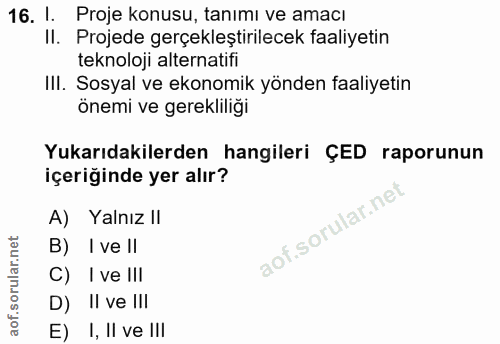 16. soru: l. Proje konusu, tanımı ve amacı II. Projede gerçekleştirilecek faaliyetin teknoloji alternatifi III. Sosyal ve ekono…