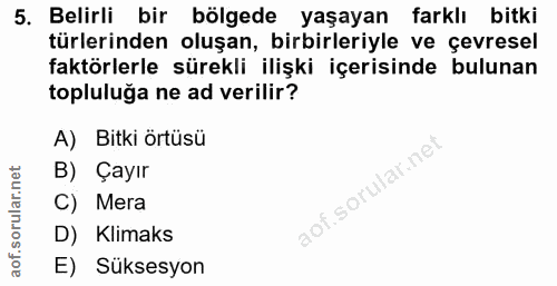 5. soru: Belirli bir bölgede yaşayan farklı bitki türlerinden oluşan, birbirleriyle ve çevresel faktörlerle sürekli ilişki içe…