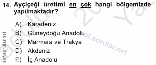 14. soru: Ayçiçeği üretimi en çok hangi bölgemizde yapılmaktadır? A) Karadeniz B) Güneydoğu Anadolus f Marmara ve Trakya D) Akd…