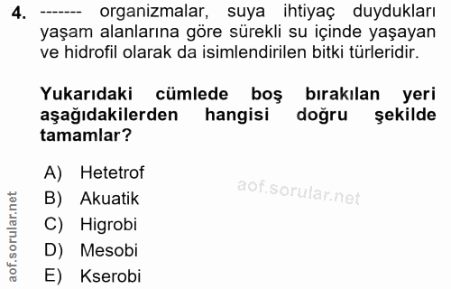 4. soru: - organizmalar, suya ihtiyaç duydukları yaşam alanlarına göre sürekli su içinde yaşayan ve hidrofil olarak da isimlen…