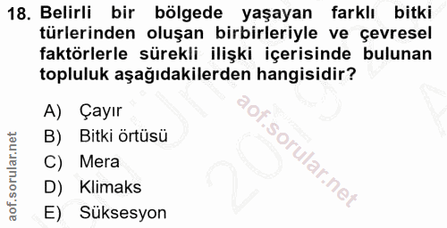 18. soru: Belirli bir bölgede yaşayan farklı bitki türlerinden oluşan birbirleriyle ve çevresel faktörlerle sürekli ilişki içer…