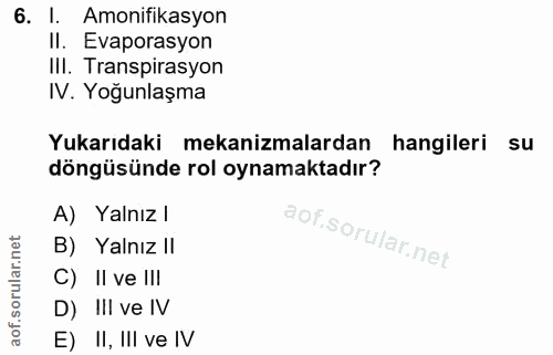 6. soru: l. Amonifikasyon II. Evaporasyon III. Transpirasyon IV. Yoğunlaşma Yukarıdaki mekanizmalardan hangileri su döngüsünde…