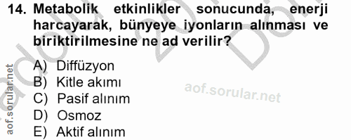 14. soru: Metabolik etkinlikler sonucunda, enerji harcayarak, bünyeye iyonların alınması ve biriktirilmesine ne ad verilir? A)…