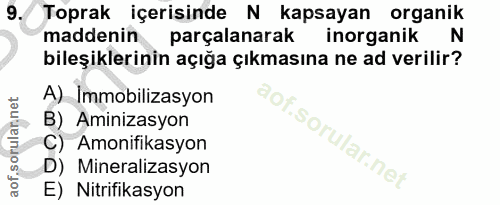 9. soru: Toprak içerisinde N kapsayan organik maddenin parçalanarak inorganik N bileşiklerinin açığa çıkmasına ne ad verilir?…