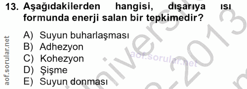 13. soru: Aşağıdakilerden hangisi, dışarıya ISI formunda enerji salan bir tepkimedir? A) Suyun buharlaşması B) Adhezyon C) Kohe…