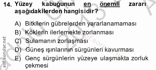14. soru: Yüzey kabuğunun en önemli zararı aşağıdakilerden hangisidir? A) Bitkilerin gübrelerden yararlanamaması B) Köklerin il…
