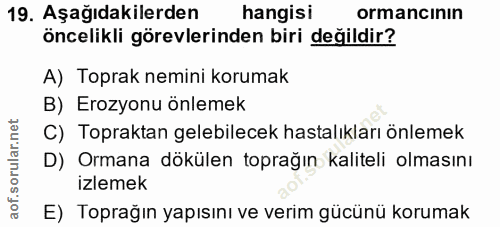 19. soru: Aşağıdakilerden hangisi ormancının öncelikli görevlerinden biri değildir? A) Toprak nemini korumak B) Erozyonu önleme…