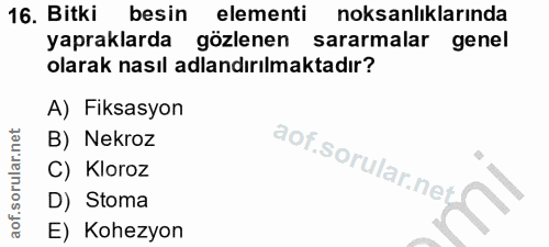 16. soru: Bitki besin elementi noksanlıklarında yapraklarda gözlenen sararmalar genel olarak nasıl adlandırılmaktadır? A) Fiksa…