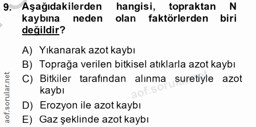 9. soru: Aşağıdakilerden hangisi, topraktan N kaybına neden olan faktörlerden biri değildir? A) Yıkanarak azot kaybı B) Toprağ…