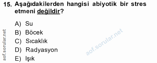 15. soru: Aşağıdakilerden hangisi abiyotik bir stres etmeni değildir? A) Su B) Böcek C) Sıcaklık D) Radyasyon E) Işık