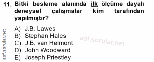 11. soru: Bitki besleme alanında ilk ölçüme dayalı deneysel çalışmalar kim tarafından yapılmıştır? A) J.B. Lawes B) Stephan Hal…