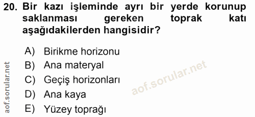 20. soru: Bir kazı işleminde ayrı bir yerde korunup saklanması gereken toprak aşağıdakilerden hangisidir? A) Birikme horizonu B…
