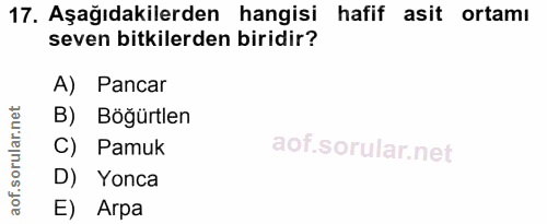17. soru: Aşağıdakilerden hangisi hafif asit ortamı seven bitkilerden biridir? A) Pancar orular.net B) Böğürtlen C) Pamuk D) Yo…