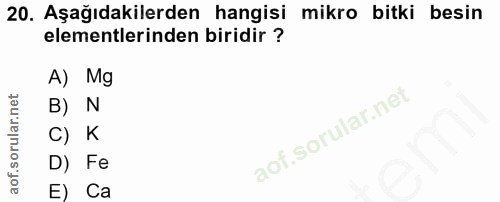 20. soru: Aşağıdakilerden hangisi mikro bitki besin elementlerinden biridir ? A) Mg B) N C) K D) Fe E) Ca