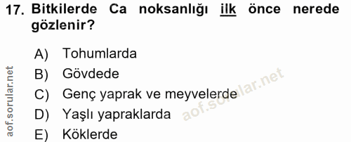 17. soru: Bitkilerde Ca noksanlığı ilk önce nerede gözlenir? A) Tohumlarda B) Gövdede C) Genç yaprak ve meyvelerde ar.net D) Ya…