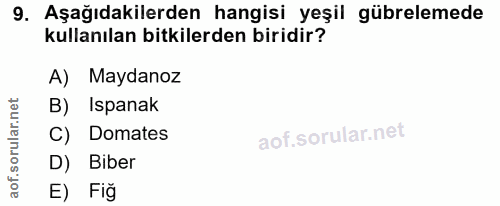 9. soru: Aşağıdakilerden hangisi yeşil gübrelemede kullanılan bitkilerden biridir? A) Maydanoz B) Ispanak C) Domates D) Biber…