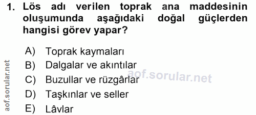 1. soru: Lös adı verilen toprak ana maddesinin oluşumunda aşağıdaki doğal güçlerden hangisi görev yapar? A) Toprak kaymaları B…