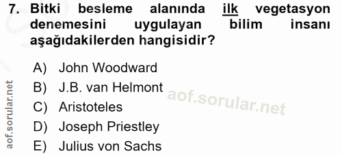 7. soru: Bitki besleme alanında ilk vegetasyon denemesini uygulayan bilim insanı aşağıdakilerden hangisidir? A) John Woodward…