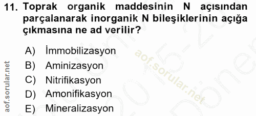 11. soru: Toprak organik maddesinin N açısından parçalanarak inorganik N bileşiklerinin açığa çıkmasına ne ad verilir? A) Immob…