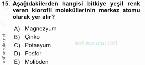 15. soru: Aşağıdakilerden hangisi bitkiye yeşil renk veren klorofil moleküllerinin merkez atomu olarak yer alır? A) Magnezyum B…