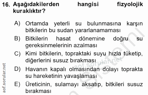 16. soru: Aşağıdakilerden hangisi fizyolojik kuraklıktır? A) Ortamda yeterli su bulunmasına karşın bitkilerin bu sudan yararlan…