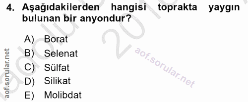 4. soru: Aşağıdakilerden hangisi toprakta yaygın bulunan bir anyondur? A) Borat B) Selenat C) Sülfat D) Silikat E) Molibdat