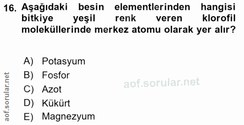 16. soru: Aşağıdaki besin elementlerinden hangisi bitkiye yeşil renk veren klorofil moleküllerinde merkez atomu olarak yer alır…