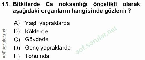 15. soru: Bitkilerde Ca noksanlığı Öncelikli olarak aşağıdaki organların hangisinde gözlenir? A) Yaşlı yapraklarda B) Köklerde…