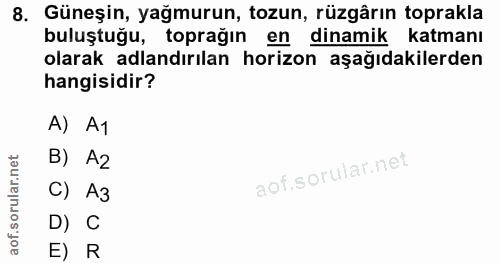 8. soru: Güneşin, yağmurun, tozun, rüzgârın toprakla buluştuğu, toprağın en dinamik katmanı olarak adlandırılan horizon aşağıd…