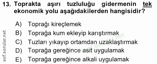 13. soru: Toprakta aşırı tuzluluğu gidermenin tek ekonomik yolu aşağıdakilerden hangisidir? A) Toprağı kireçlemek B) Toprağa ku…