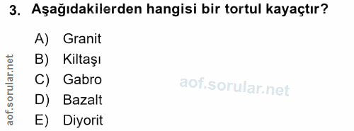 3. soru: Aşağıdakilerden hangisi bir tortul kayaçtır? A) Granit B) Kiltaşı C) Gabro D) Bazalt E) Diyorit