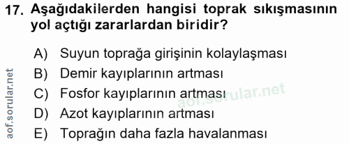 17. soru: Aşağıdakilerden hangisi toprak sıkışmasının yol açtığı zararlardan biridir? A) Suyun toprağa girişinin kolaylaşması B…