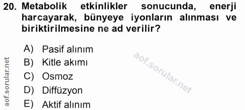 20. soru: Metabolik etkinlikler sonucunda, enerji harcayarak, bünyeye iyonların alınması ve biriktirilmesine ne ad verilir? A)…