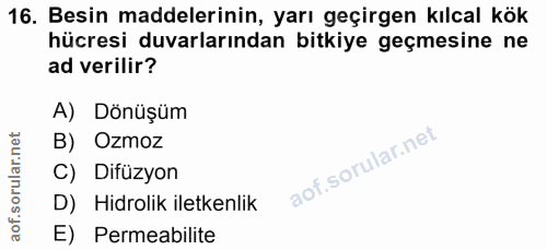 16. soru: Besin maddelerinin, yarı geçirgen kılcal kök hücresi duvarlarından bitkiye geçmesine ne ad verilir? A) Dönüşüm B) Ozm…