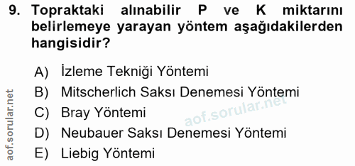 9. soru: Topraktaki alınabilir P ve K miktarını belirlemeye yarayan yöntem aşağıdakilerden hangisidir? A) Izleme Tekniği Yönte…