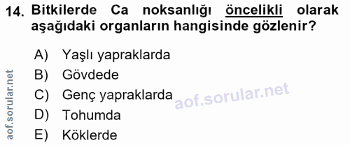 14. soru: Bitkilerde Ca noksanlığı öncelikli olarak aşağıdaki organların hangisinde gözlenir? A) Yaşlı yapraklarda B) Gövdede C…
