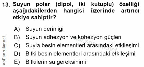13. soru: Suyun polar (dipol, iki kutuplu) özelliği aşağıdakilerden hangisi üzerinde artıricı etkiye sahiptir? A) Suyun derinli…