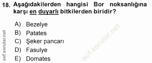 18. soru: Aşağıdakilerden hangisi Bor noksanlığına karşı en duyarlı bitkilerden biridir? A) Bezelye B) Patates C) Şeker pancarı…
