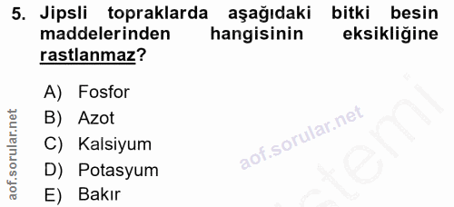 5. soru: Jipsli topraklarda aşağıdaki bitki besin maddelerinden hangisinin eksikliğine rastlanmaz? A) Fosfor B) Azot C) Kalsiy…