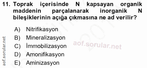 11. soru: Toprak içerisinde N kapsayan organik maddenin parçalanarak inorganik | N bileşiklerinin açığa çıkmasına ne ad verilir…