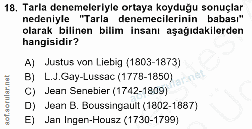 18. soru: Tarla denemeleriyle ortaya koyduğu sonuçlar nedeniyle "Tarla denemecilerinin babası" olarak bilinen bilim insanı aşağ…