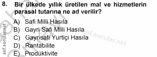 8. soru: Bir ülkede yıllık üretilen mal ve hizmetlerin parasal tutarına ne ad verilir? A) Safi Milli Hasıla B) Gayri Safi Mill…