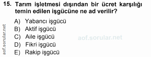 15. soru: Tarım işletmesi dışından bir ücret karşılığı temin edilen işgücüne ne ad verillir? A) Yabancı işgücü B) Aktif işgücü…